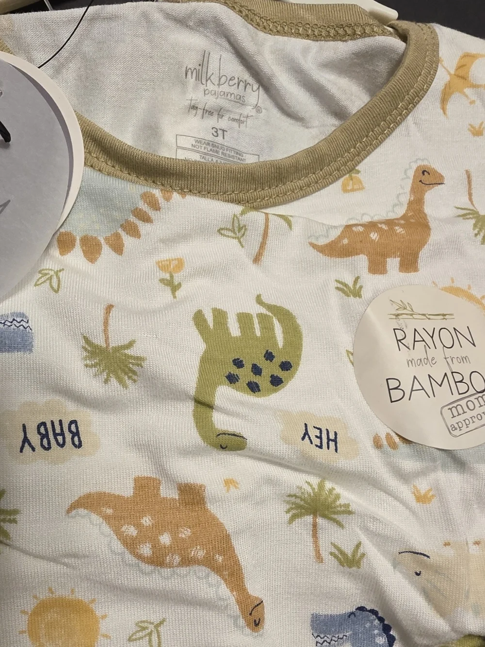 Bamboo Kids Dinosaur Pajama Set - Cream with Green & Blue Accents
